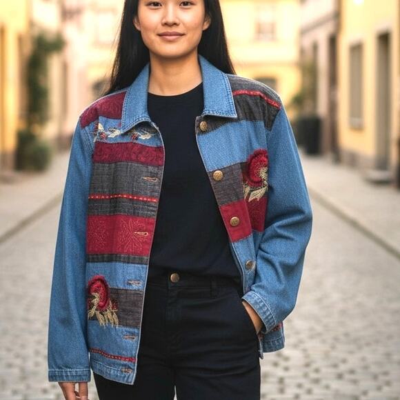 Vintage Patchwork Jean Jacket Blazer 👖❤️💛Embroidered Womens 8 Retro Coat - Picture 14 of 14
